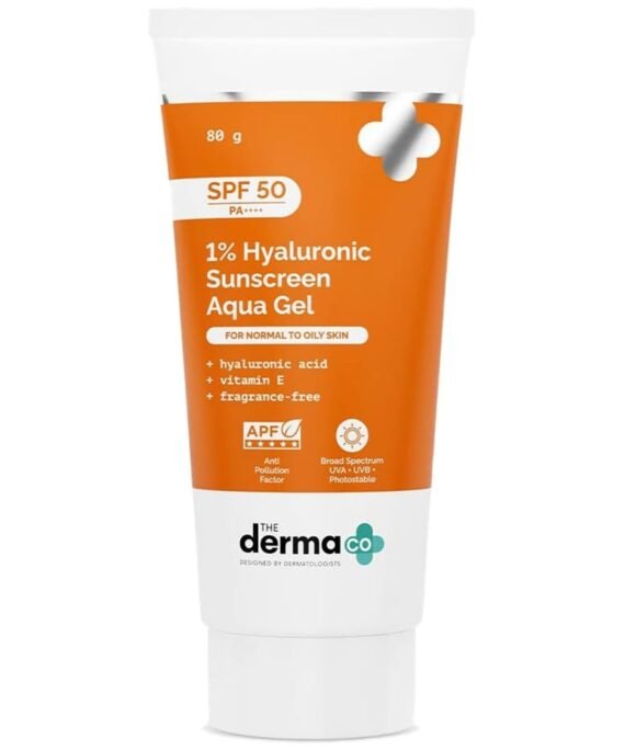 THE derma Co 1% Hyaluronic Sunscreen SPF 50 Aqua Gel, PA++++, Lightweight, No white-cast for Broad Spectrum And Blue Light Protection for Oily, Dry, Acne-prone Skin - 80g