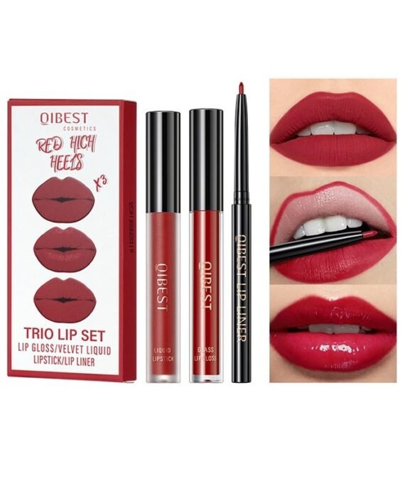 QiBest Trio Lip Set Lip Gloss/Velvet Liquid Lipstick/Lip Liner ,Liquid Lipstick Moisturizing Lip Gloss Creamy Lip Liner  Lip Liner Red - 06