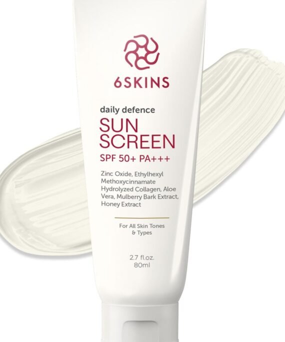 6SKINS Daily Defence SUN SCREEN SPF 50+ PA+++ for Broad Spectrum UVA/UVB | Titanium Dioxide & Zinc Oxide Sun cream | Collagen-Boosting Face Moisturizer with No-White Cast, Lightweight Non Greasy 80ml