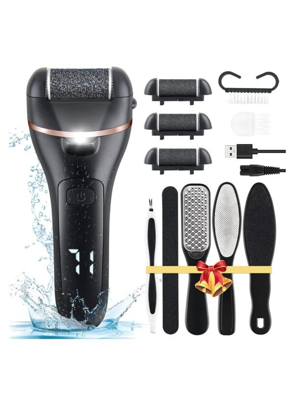 General Electric Feet Callus Remover, Professional 18 in 1 Foot File Pedicure Kit Tools, Rechargeable Dry Dead Skin Foot Scraper with 3 Roller Heads & 2-Speed Power for Feet Hands Heels Spa (Black)