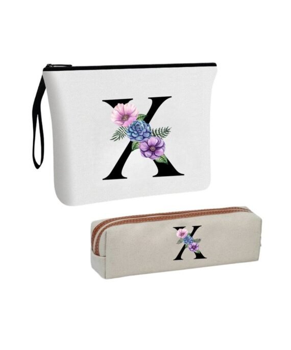 PRINTSHOP4ME Initial Monogram Cosmetic Bag And Floral Pencil Pouch-A-Z Letter Monogram Set For Girls&Women-Gift Set For Friends,Daughters Or Coworkers-Ideal For School,Work&Travel