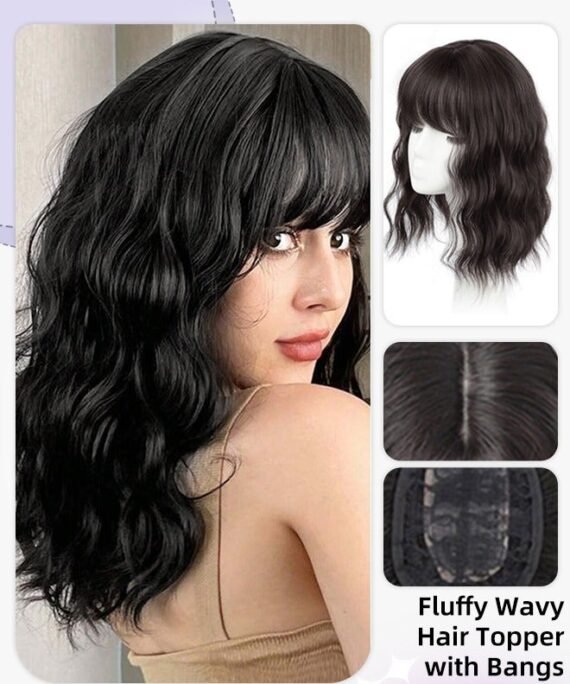 roaiss Fluffy Wavy Hair Topper with Bangs for Women, Clip in Wig for Women with Thinning Hair Hair Loss Cover Gray Hair, Natural Black , 45cm (18 inches)