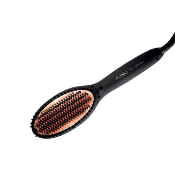 Ikonic Hot Brush Hair Straightener Black 50 Sec Quick Heat-Up Anti-Frizz Static-Free Bristles Volumizing Design Scalp Protection Comfortable Grip All Hair Type