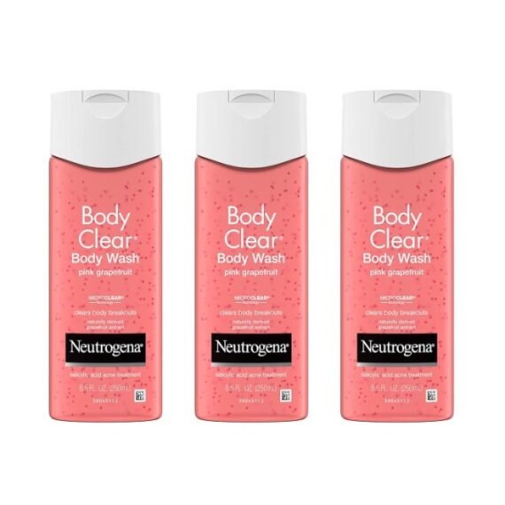 Neutrogena Body Clear Acne Treatment Body Wash with Salicylic Acid Acne Medicine, Pink Grapefruit Body Acne Cleanser to Prevent Breakouts on Back, Chest & Shoulders 8.5 fl. oz - Pack of 3Fluid Ounce