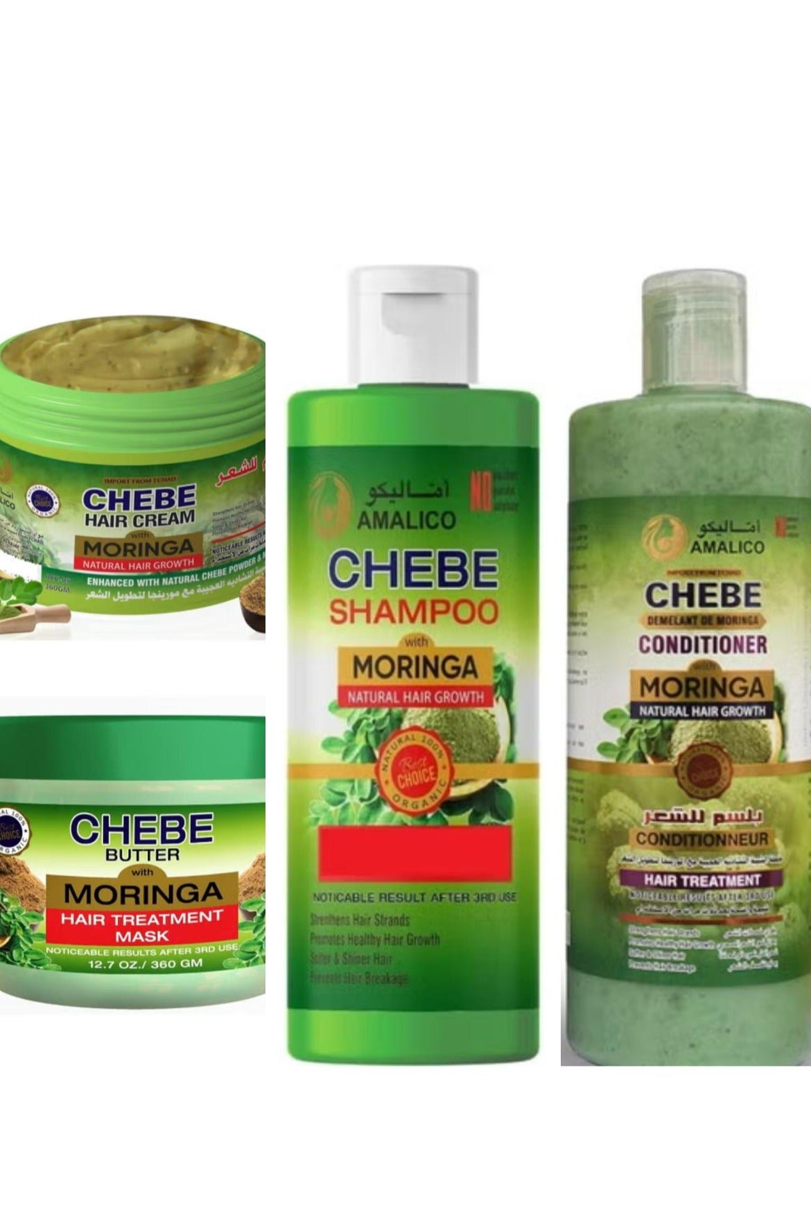 Set Of 4 Pcs Moringa With Chebe Powder For Hair Growth Conditioner 500 ml + Hair Shampoo 500 ml + Hair Traitment Mask 360 g+ Leave-in Hair Cream 360 g