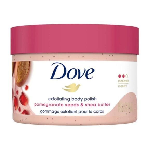Dove Body Polish Exfoliating Scrub, Moisturizing Shea Butter and Pomegranate Seeds | Nourishes & Conditions Soft Skin | Sulphate Free, 298gm.