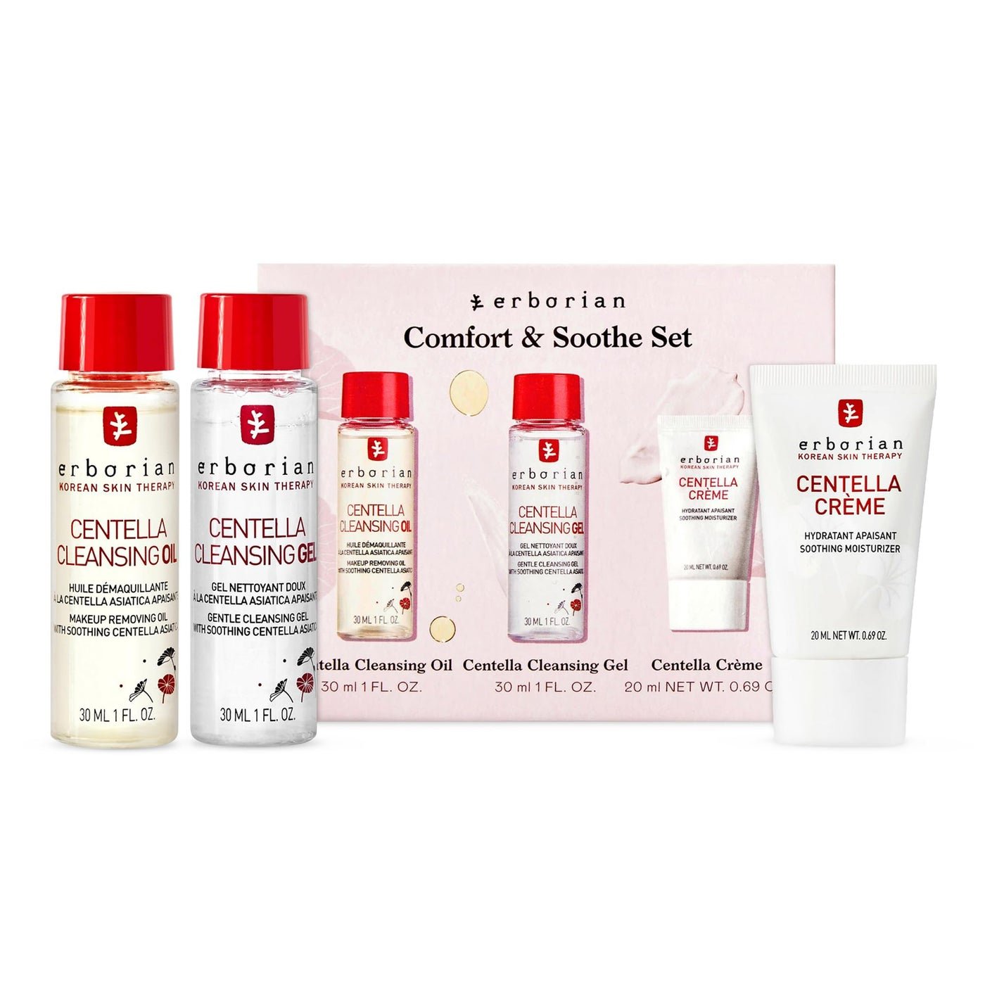 Erborian Centella Routine Travel Kit with Facial Cleansing Oil Makeup Remover (1 fl oz), Facial Cleansing Gel (1 fl oz) & Face Moisturizer Cream (20 ml) - Skin Care for Hydrated & Fresh-Looking Skin