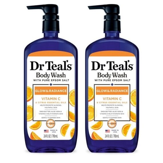 Dr Teal's Body Wash with Pure Epsom Salt, Glow & Radiance with Vitamin C & Citrus Essential Oils, 24oz (Pack of 2)
