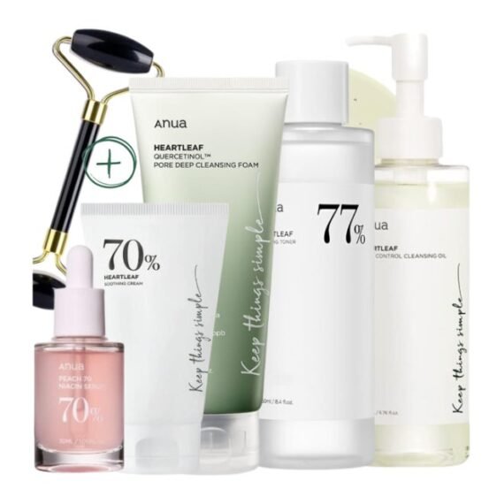 Pack (Pore Control Cleansing Oil - Niacinamide Serum - 77% Soothing Toner PH 5.5 - 70% Heartleaf Soothing Cream - Intense Calming Cream - & Massage Roller) Korean Facial Skin Trouble Care 730ml