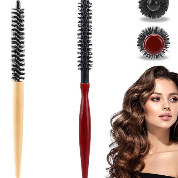 2PCS Small Round Hair Brush Mini Round Wood Brush Roller Hair Combs Nylon Bristles Hair Brushes Hairdressing Brushes For Blow Drying Curly Hair Styling Bangs Lifting Beard Care
