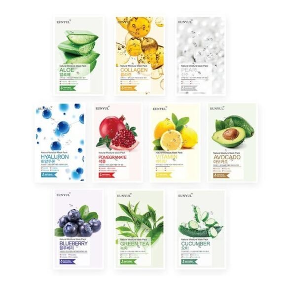 [PACK OF 10] Natural Sheet Mask Pack 10 types Korean Skincare Facial Mask Pack/Aloe, Collagen, Pearl, Hyaluron, Avocado, Pomegranate, Vitamin, Blueberry, Green Tea, Cucumber