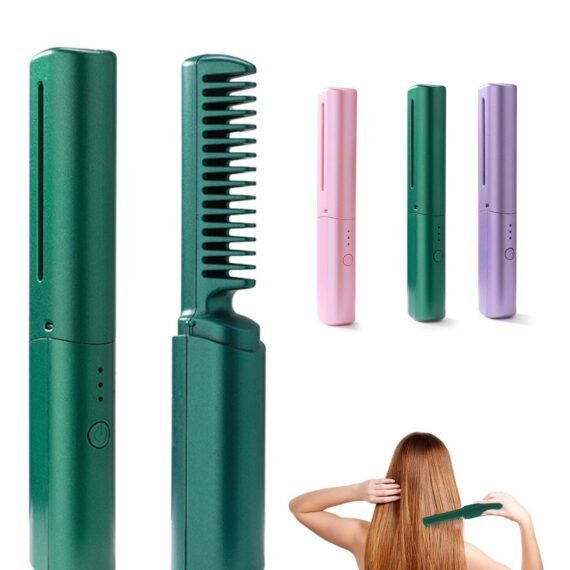 Mini Hair Straightener, Rechargeable Hair Straightener Brush, Portable Straightening Brush with Anti-Static Negative Ion, Hot Comb Hair Straightener for Women, for All Hair Types (Green)