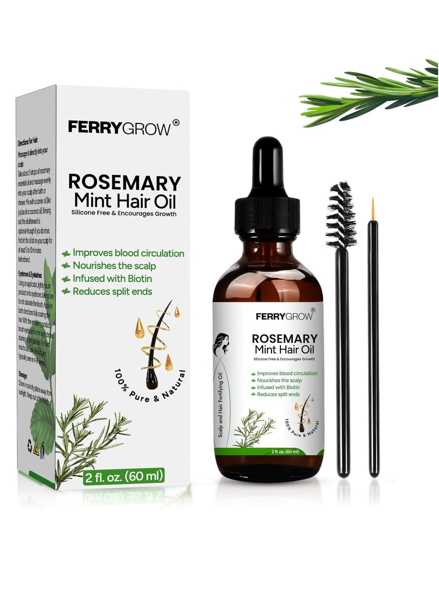 FerryGrow Rosemary Mint Scalp and Hair Oil 60 ml Hair Growth Oil with Biotin for Thicker Stronger Hair