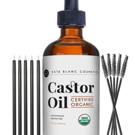 Kate Blanc Cosmetics Castor Oil Organic (4oz), 100% Pure, Cold Pressed, Hexane Free. Natural Oil for Hair, Eyelashes, Eyebrows. Skin Moisturizer with Starter Kit