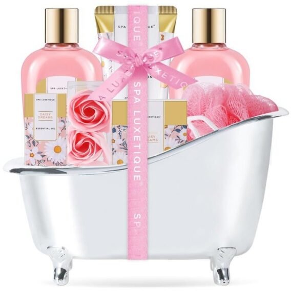 Self Care Gifts for Women, Spa Luxetique Bath and Body Gift Set, 8pcs Daisy Gift Baskets for Women with Bubble Bath, Lotion, Spa Gift for Women, Christmas Gifts for Women