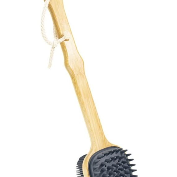 Bamboo Handle Silicone Back Scrubber, Double-Sided Shower Brush for Men & Women, with Lanyard