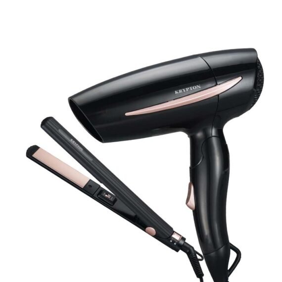 2-in-1 Hair Styling Kit- KNHF6427| Travel Hair Dryer, Hair Straightener Ceramic Plates Easy Straightening, Dryer with Foldable Handle Perfect for Salon and At Home Styling with a Hanging Loop