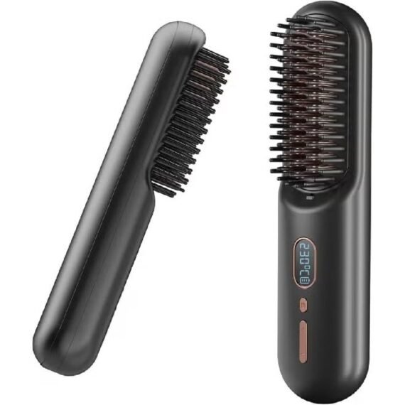 Portable Cordless Hair Straightener Brush 2-in-1 with Negative Ion Technology, USB Rechargeable Hot Comb with 12 Adjustable Temperature Levels, Fast Heating Anti-Scald Ceramic Design, 60-Minute Long-Lasting Battery for Smooth, Shiny & Frizz-Free Hair, Lightweight Travel-Friendly Styling Tool for All Hair Types