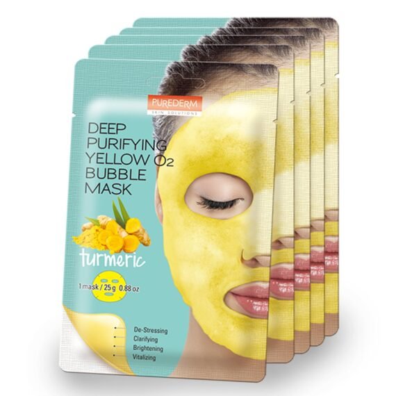Purederm Deep Purifying Yellow O2 Bubble Mask Turmeric (5 Pack) â€“ Bubble Face Sheet Mask for Purifying & Vitalizing