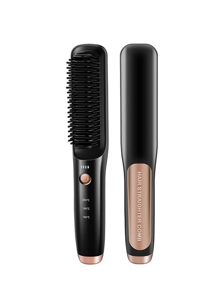 Porta Cordless Hair Straightener Brush,2-in-1 Hair Straightener and Curler with 3 Temperature Settings - Portable and Lightweight Design for Travel (Black)