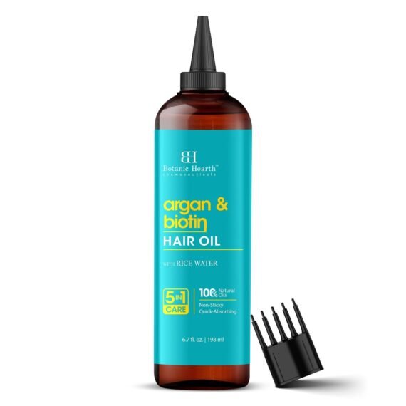 Botanic Hearth Argan & Biotin Oil to Tame Frizz and Add Shine (6.7 fl oz)|Nourishing and Strengthening Hair Treatment for Thicker, Healthier|Looking Hair | Paraben Free | Suitable for All Hair Types