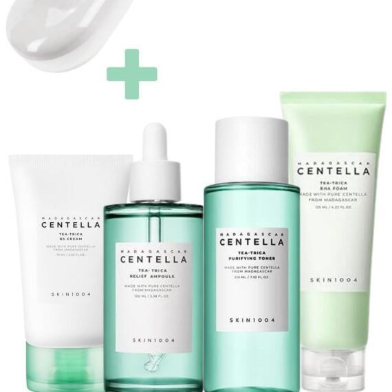 Madagascar Centella Tea-Trica Skincare Set - Includes BHA Foam Cleanser, Purifying Toner, Relief Ampoule, and B5 Cream - Complete Routine for Clear, Hydrated, and Balanced Skin 510ml