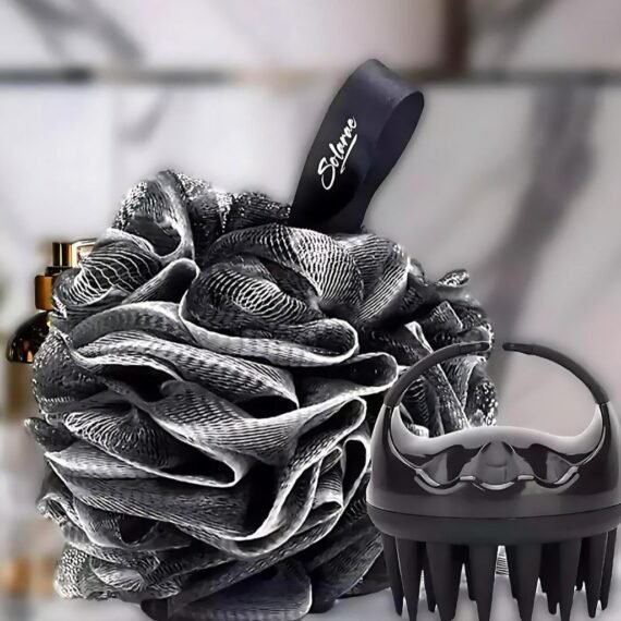 Charcoal Infused Scalp Brush soft Silicone Bristles and Bath Loofah Sponge Scrubber Exfoliator,  Body & Scalp Washing Scrubber for all Hair Types (BLACK)