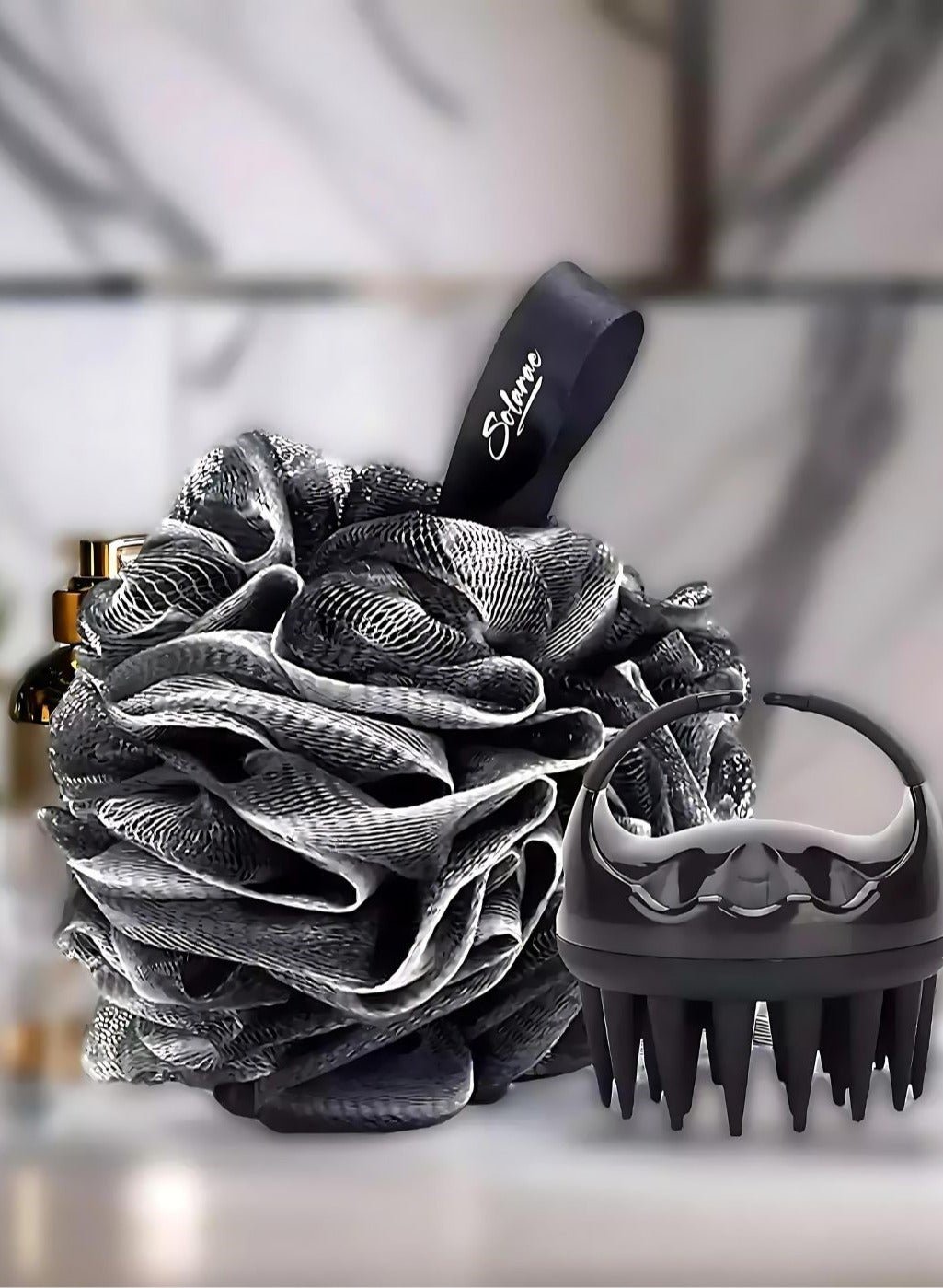 Charcoal Infused Scalp Brush soft Silicone Bristles and Bath Loofah Sponge Scrubber Exfoliator, Body & Scalp Washing Scrubber for all Hair Types (BLACK)