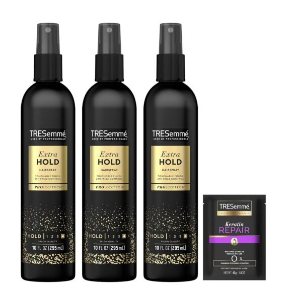 TRESemmé Hairspray, Non-Aerosol, Extra Hold, 3-Pack + Keratin Repair Hair Mask – Moisturizing Hair Spray, Anti-Humidity, Anti-Frizz Hair Products (4 Piece Set)