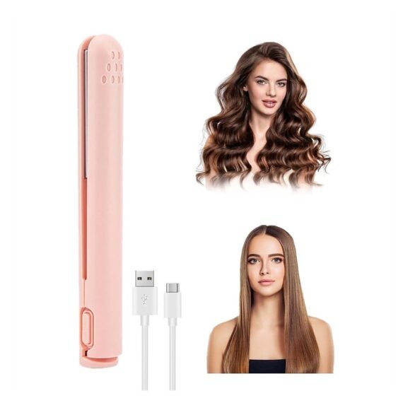 Mini Dual-Purpose Curling Iron, 2 in 1 Hair Straightener and Curler, Ceramic Iron for All Types, Portable Curler Home Travel (Pink)