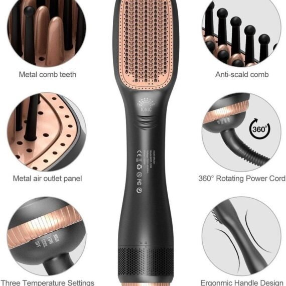 2-in-1 Heated Hair Brush DX1353M – Straightener, Dryer & Volumizer, 1200–1500W Power, 3 Speed/Heat Settings, Max Heat 155°C (330°F), Anti-Frizz Ionic Technology for All Hair Types