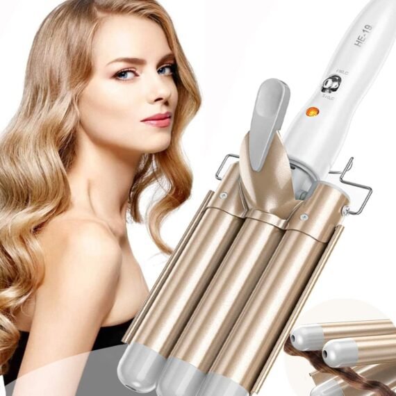 Three Barrel Hair Waver 25MM Big Wave Hair Curling Iron Wand with Two Speed Temperature Control, Ceramic Tourmaline Triple Barrels, Dual Voltage Crimp, Gold