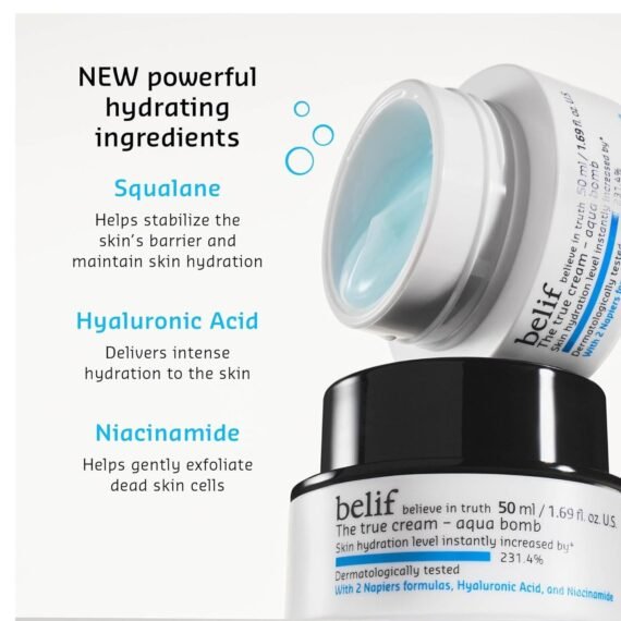 belif Aqua Bomb â€“ Daily Niacinamide Hydrating Moisturizer, Lightweight Plumping Facial Cream with Hyaluronic Acid & Squalane, Cooling Effect, Anti-Aging, Korean Skincare, 1.68 fl oz (50ml)