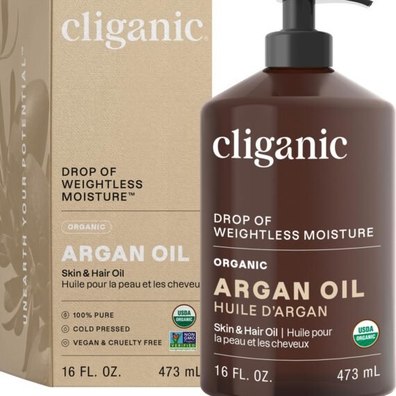 Cliganic Organic Argan Oil 16oz with Pump, 100% Pure | Bulk for Hair, Face & Skin (Packaging May Vary)