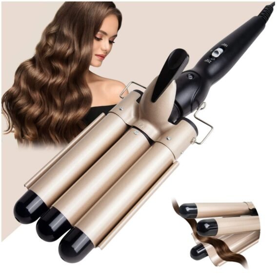 3 Barrel Curling Iron Wand - Dual Voltage Temperature Adjustable 25mm Hair Crimper,1 Inch Ceramic Tourmaline Triple Barrels,Hair Waving Styling Tools, Gold