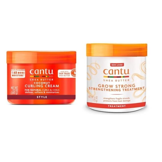Cantu Coconut Curling Cream 12 oz & Grow Strong Strengthening Treatment 6 oz Bundle 6 Fluid Ounces, 12 Fluid Ounces
