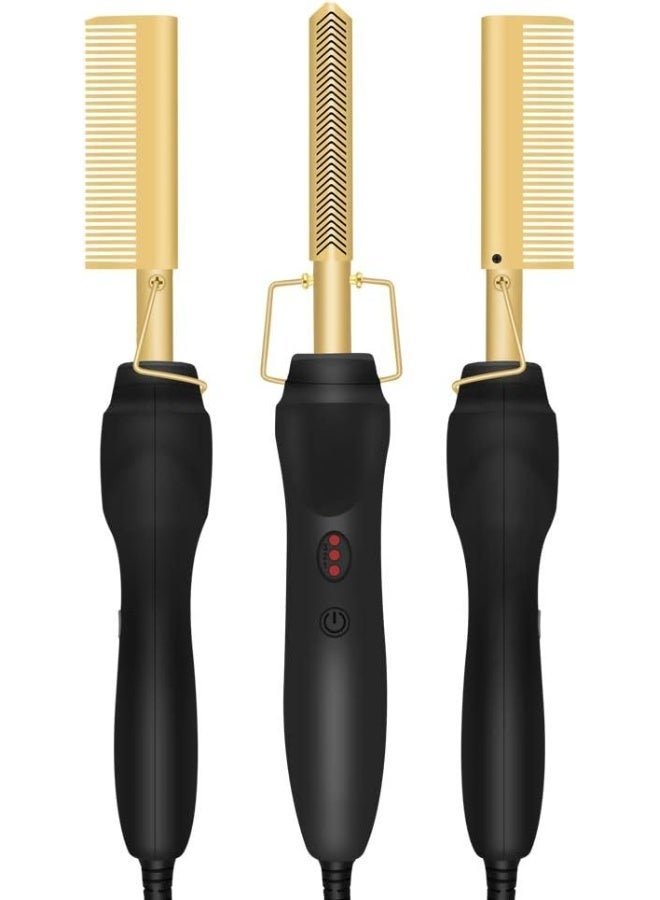 A-LHT Gold Plated Heated Styling Comb Electric Hot Straightening Heat Comb Ceramic Curling Flat Iron Curler Designed Hair Straightener for Natural Black Hair, Wigs