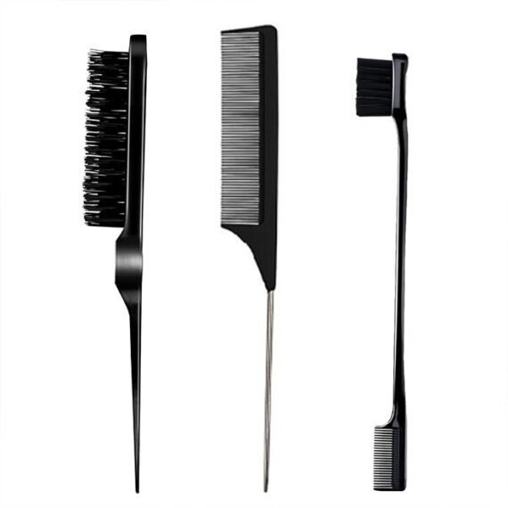3 Pieces Comb Set for Teasing, Edge & Back Brushing - Rat Tail & Edge Combs for Styling Women's Hair (Black)