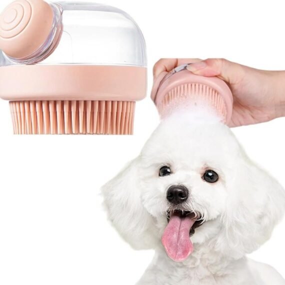 Pet Bath Brush with Shampoo Dispenser - Soft Grooming Tool for Dogs & Cats (Pink)