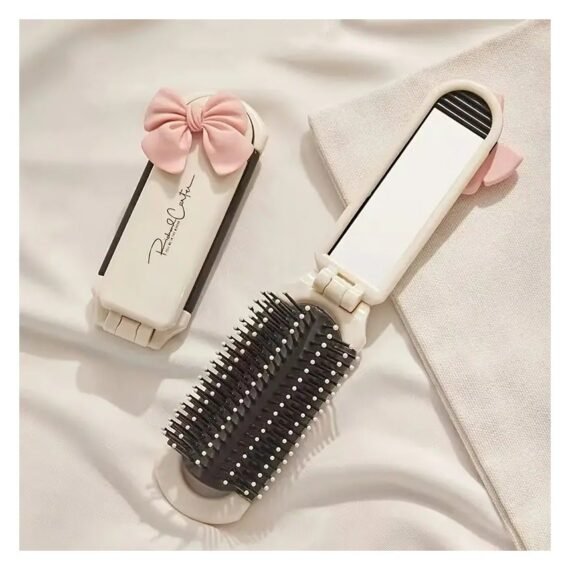 1pc Portable Hairbrush with Puff, Small Travel Size, Character Design, Painted Finish, No Fragrance, Foldable, Plastic Frame, Battery-Free, Desk Stand Mirror for Personal Makeup