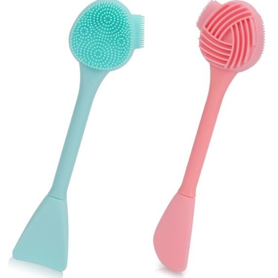 2 Pack Double-Headed Silicone Face Cleansing Brushes, Green, Pink, for Exfoliating, Makeup Removal.