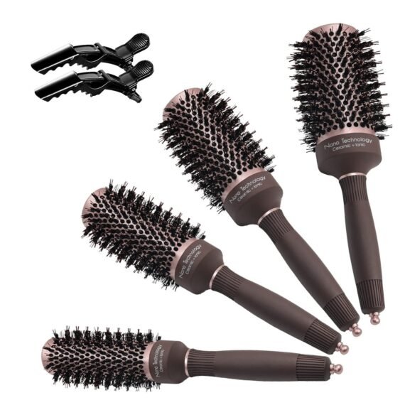 Round Brush Set, Ceramic Ion Thermal Barrel Round Brush for Blow Drying, 4 Different Sizes Bristle Round Hair Brush for Hair Drying, Styling, Curling and Shine