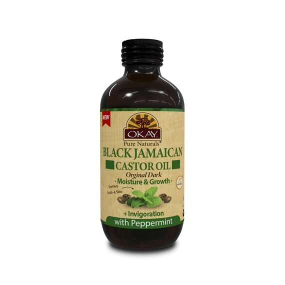Okay Pure Naturals Black Jamaican Castor Oil - Castor Oil for Hair Growth, Moisture for Skin, Face, Scalp, Eyelashes, Eyebrows - Hair Oil for Men & Women - Peppermint, 4 oz Glass Bottle
