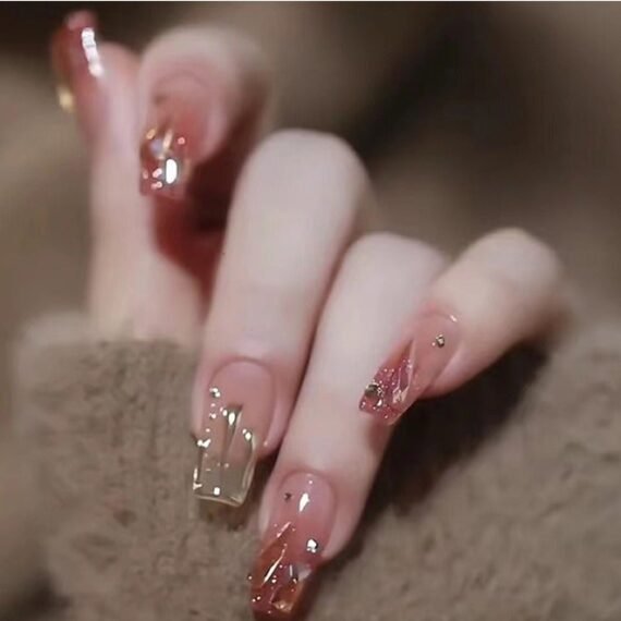 24 Pcs Fake Nails - Mid-length Ballet Manicure - Flame Diamond Manicure - Gradient Flame Manicure - Fake Nail Patch