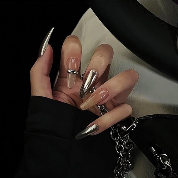 24Pcs Fake Nails, Press Nails, Mid-length Ballet Manicure - Chain - Silver Simple Manicure - Magic Mirror Powder Gilded Nail Art - Fake Nail Patch