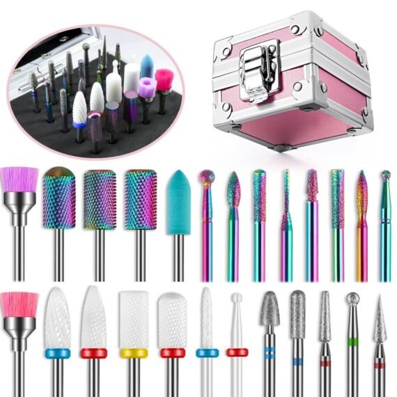 25Pcs Nail Drill Bits Set with Portable Pink Case, 3/32 Inch Drill Bits for Nails, Ceramic Diamond Carbide Cuticle Nail Bits effile Remover Bits bits for Home Salon Acrylic Gel Nail Polish