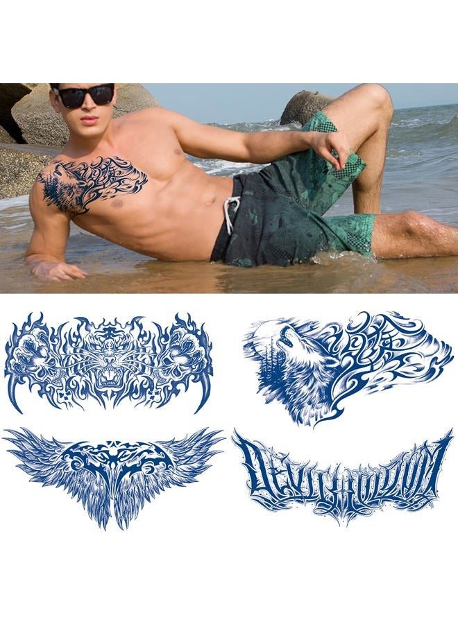 Glaryyears Semi Permanent Tattoos for Men Adults, 4 Pack Kit Large Realistic Long Lasting Makeup Temporary Tattoo Look Like Real, Cool Tribe Tiger Wings Words Letters on Body Chest Upper Thorax Back