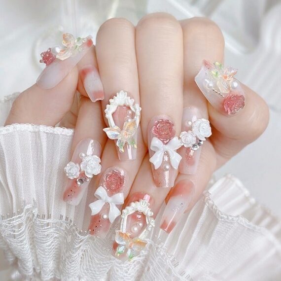 24Pcs Fake Nails, Press Nails, Mid-length Ballet Manicure - Gradient Pink Pearl Manicure - Three-dimensional Colorful Butterfly Rose Manicure - Fake Nail Patch