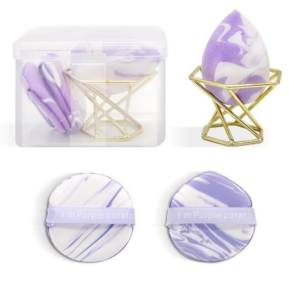4Pcs Cosmetic Sponge Set - Puff & Bi-Color Double Sided Air Cushion - With Box and Stand, Latex Free, Super Soft, Wet & Dry, Suitable for Cream, Powder (Purple)