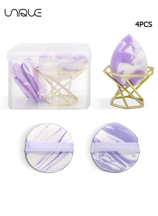 4Pcs Cosmetic Sponge Set - Puff & Bi-Color Double Sided Air Cushion - With Box and Stand, Latex Free, Super Soft, Wet & Dry, Suitable for Cream, Powder (Purple)